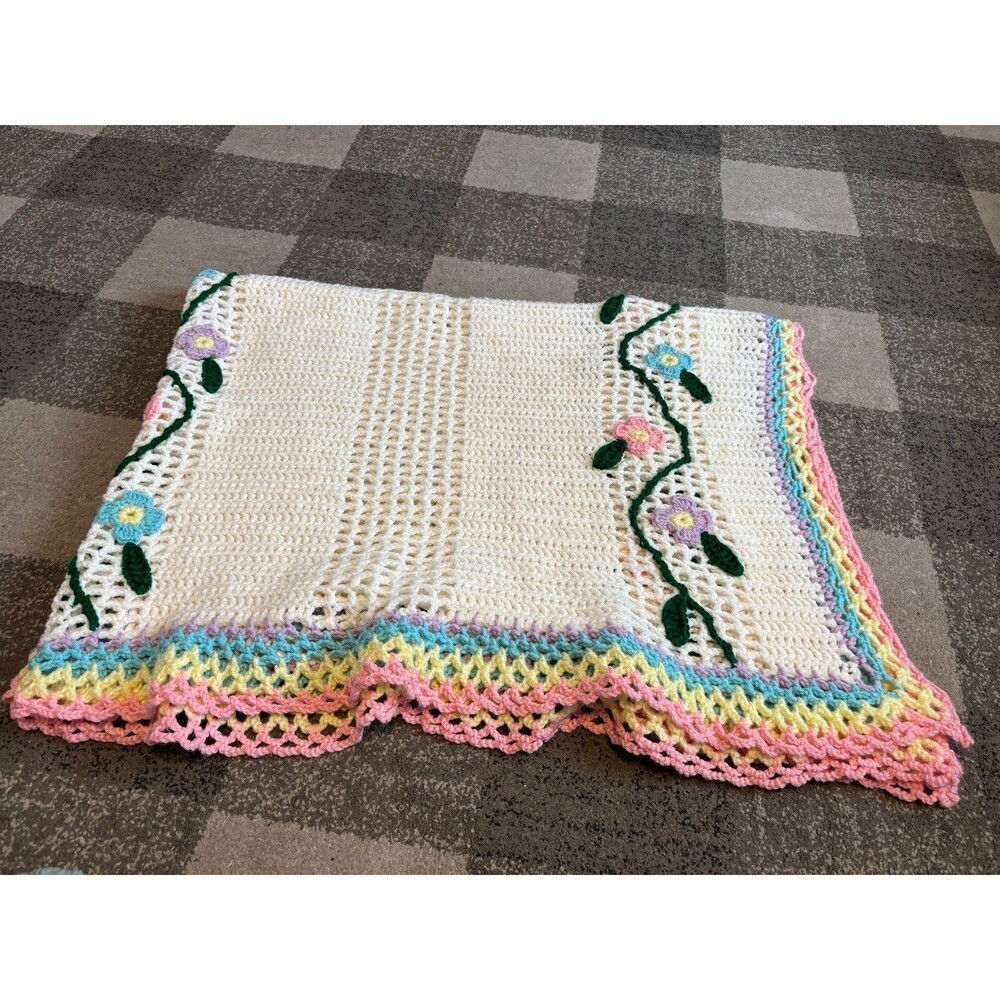 Homemade cottagecore crocheted blanket climbing flowers floral pastel afghan